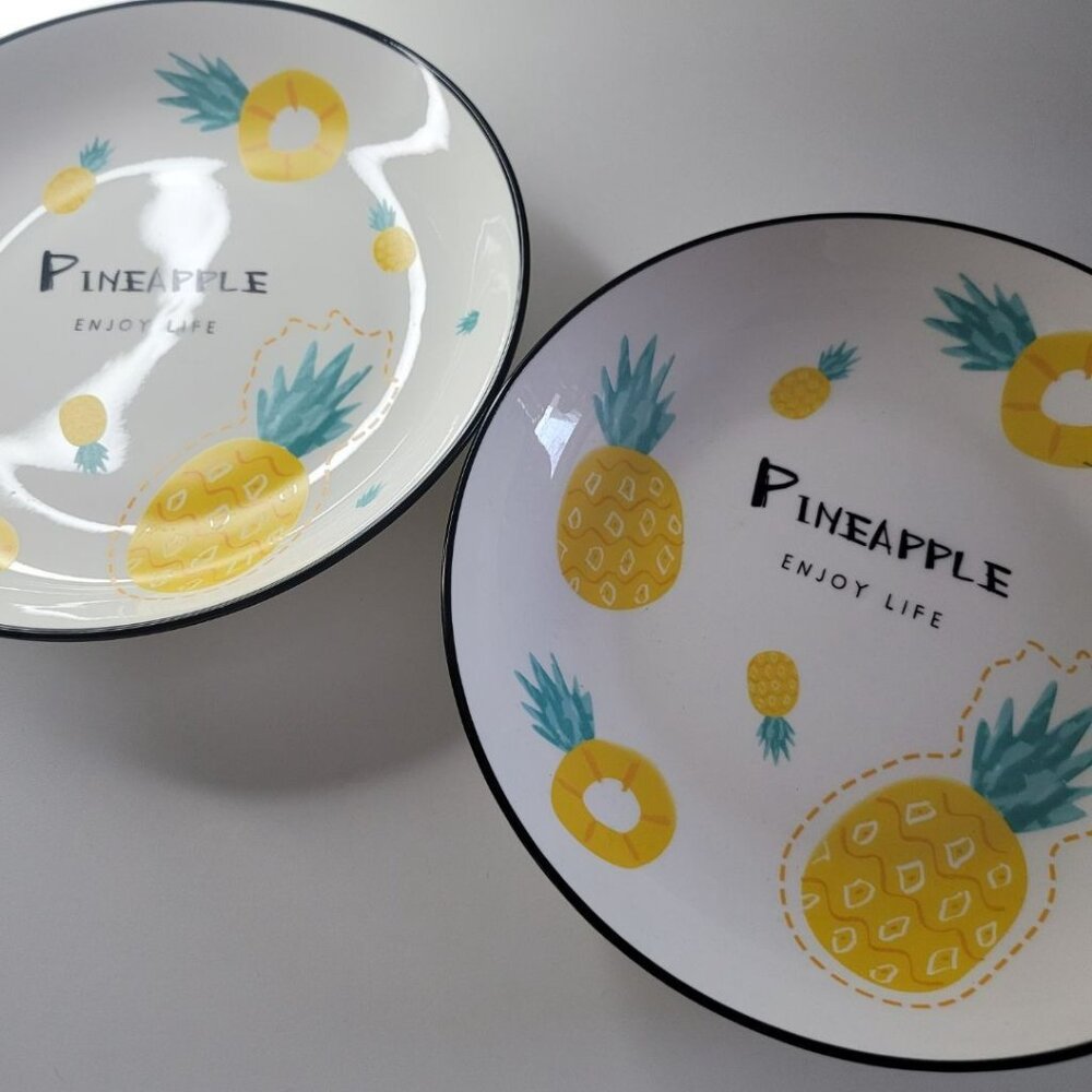 Pineapple Enjoy Life Plate Bowl Dish Set 4 Piece Raise Side Yellow Ceramic Fruit - Picture 4 of 7
